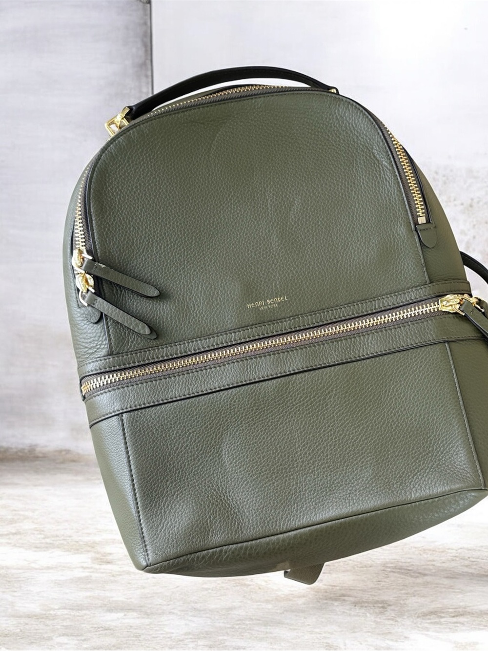 NWOT! Henri Bendel Olive Pebbled Leather Backpack with Gold Hardware